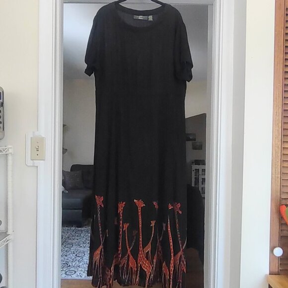 Vintage ORVIS Black Crinkle Maxi Dress Boho Giraffe Nature Safari  Women's Large - Picture 1 of 8
